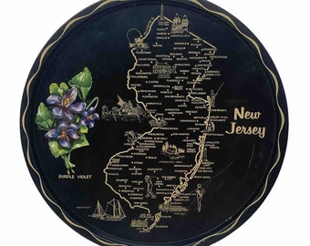 Vintage State of New Jersey 11" Round Souvenir Metal Tray Black With Gold Trim