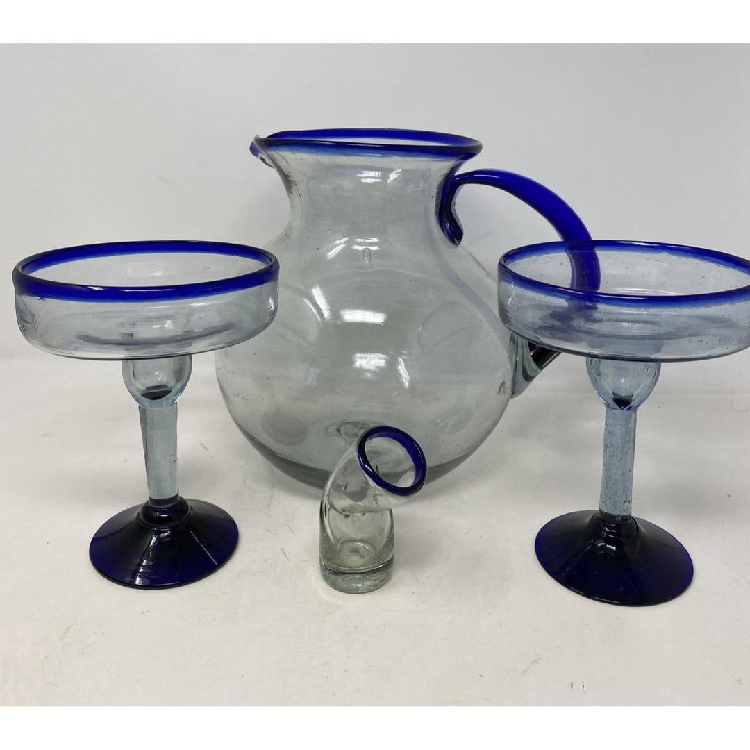 MARGARITA Hand-blown Glass Cobalt Blue Rimmed Pitcher Glasses Shot ...