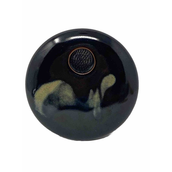Georgerown Pottery Ikebana Stoneware Black Round Flat Frog Flower Vase Signed