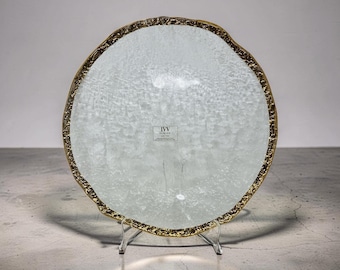 MCM Glacier Ice IVV Italian 10K Gold Trim Glass Textured Round Platter 14” Italy