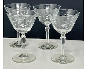 Set Of 4 Vintage MCM Libbey Etched Windswept Coupe Martini Sherbet Glasses 6”