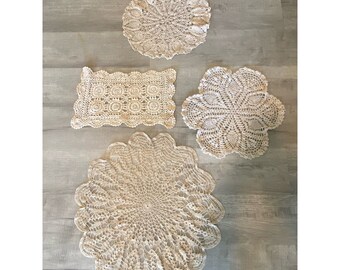 Lot of 4 Vintage Hand Made Crochet Lace Doilies Beige 3 Round 1 Rectangular