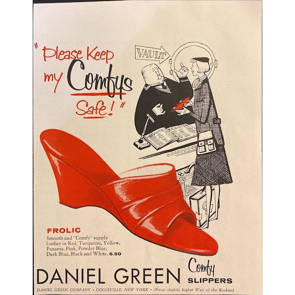 1958 Daniel Green Comfy Slippers Vintage Color Print Ad Red Frolic Shoes