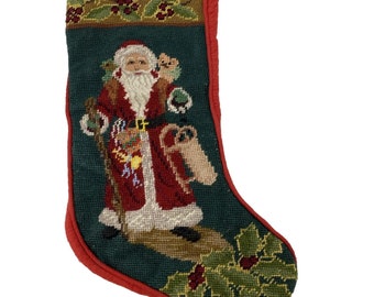 Vintage Needlepoint Christmas Stocking Victorian Santa With Presents Puppy