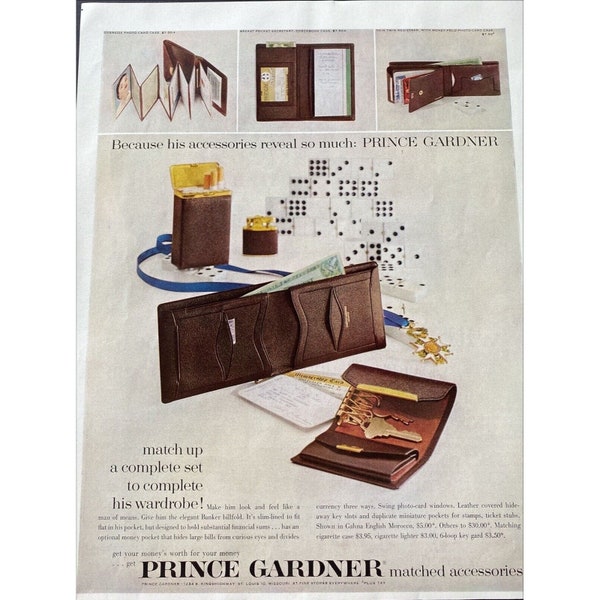 1958 Prince Gardner Mens Wallets Vintage Magazine Color Print Ad Banker Billfold