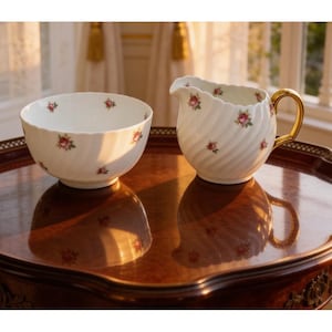 May include: A white porcelain bowl and creamer set. The bowl is round with a scalloped edge. The creamer has a gold handle and spout. Both pieces are decorated with small pink rose floral patterns. The set is on a dark wooden tray.