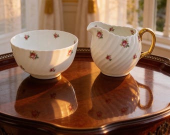 Vintage Adderley Bone China England Creamer & Sugar Bowl Pink Roses Swirl Edge
