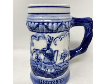 Vintage Delft Blue Dutch Holland Heineken Beer Mug Windmills Hand Painted 1984