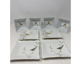 222 Fifth Early Bird 4 Snack Bowls & 4 Appetizer Plates Square Wavy Edges Set