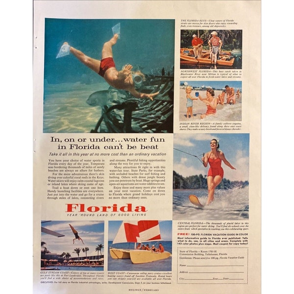 1958 Florida Tourism Vintage Color Print Ad Water Fun Scuba Diving Water Skiing