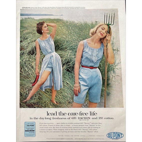 1958 DuPont Dacron Fabric Vintage Magazine Color Print Ad Women Blue Gingham