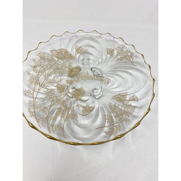 50Th Golden Wedding Anniversary Footed Cake Serving Plate With Gold Trim Gift