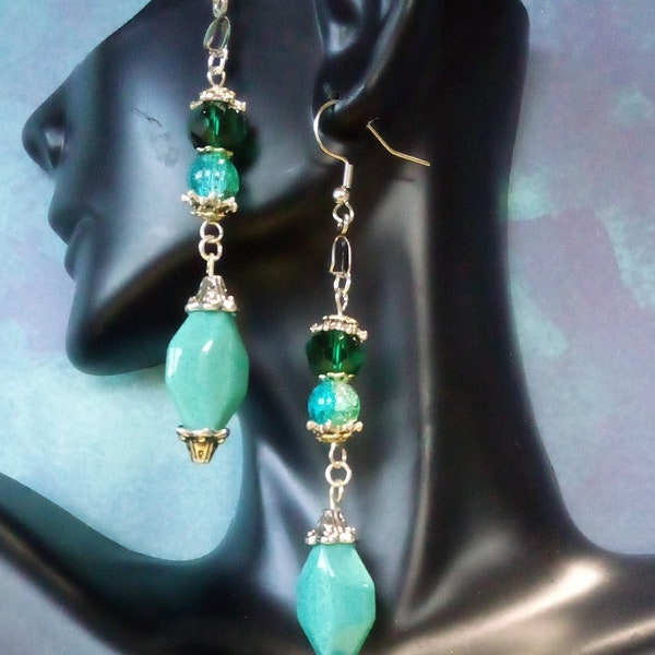 3.5" Turquoise Emerald Aqua Drop Earring with Silver Accents-Turquoise Octagon, Emerald Faceted Glass, Blue/Green Crackle glass beads.