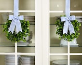 Set of 2 Spring Easter Cabinet faux greenery Wreaths 8 1 2 quot W x 20 quot L Blue Check Buffalo Plaid Ribbon