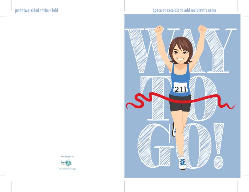 Downloadable Congratulations Runner Card brown, shoulder length hair Way to Go