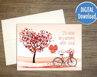 I'd ride anywhere with you Valentine's Card, downloadable Card, great for cyclists, printable, cycling, hearts