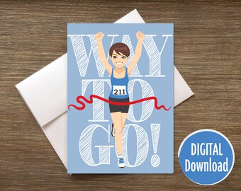 Way to Go! Downloadable Congratulations Runner Card (brown, short hair)