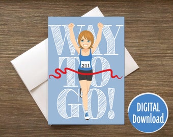 Way to Go! Downloadable Congratulations Runner Card (blond, shoulder length hair)