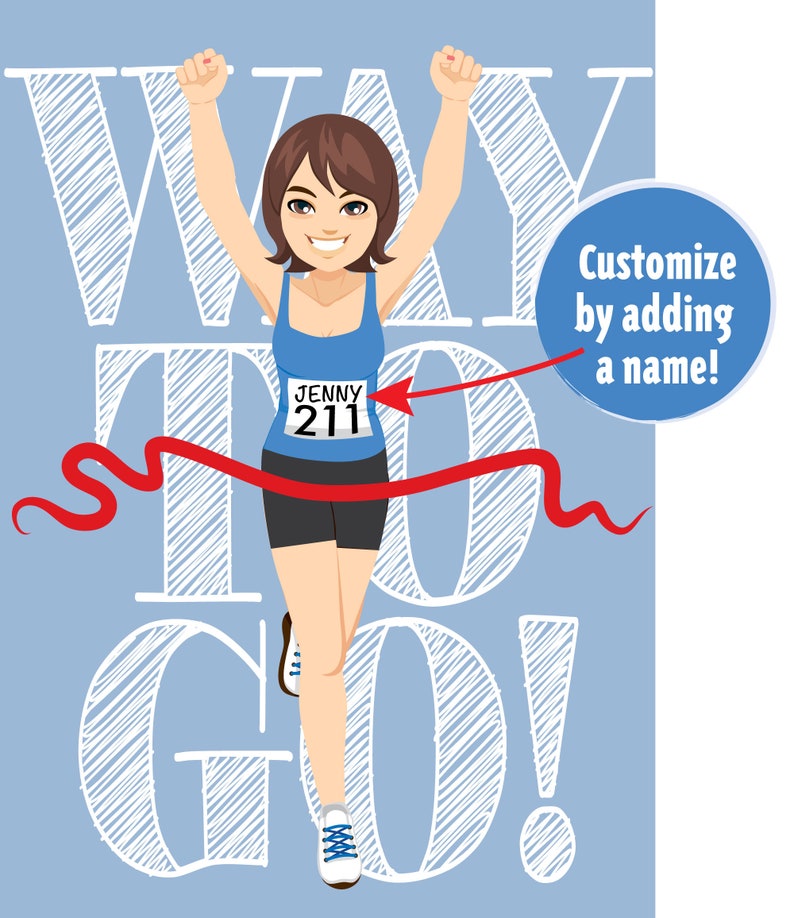 Downloadable Congratulations Runner Card brown, shoulder length hair Way to Go