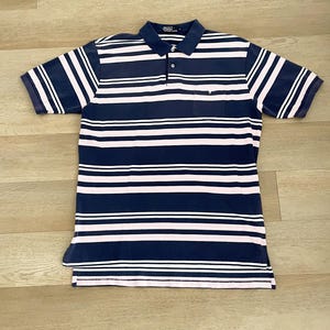 Vintage Ralph Lauren Striped Blue and Pink Pocket Polo Shirt size XL