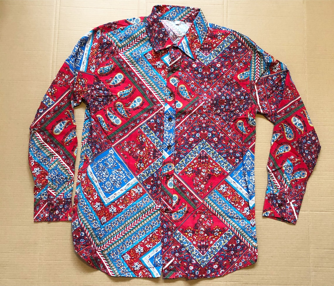 Vintage Bandana Multi Pattern Button Up Long Sleeve Shirt size | Etsy
