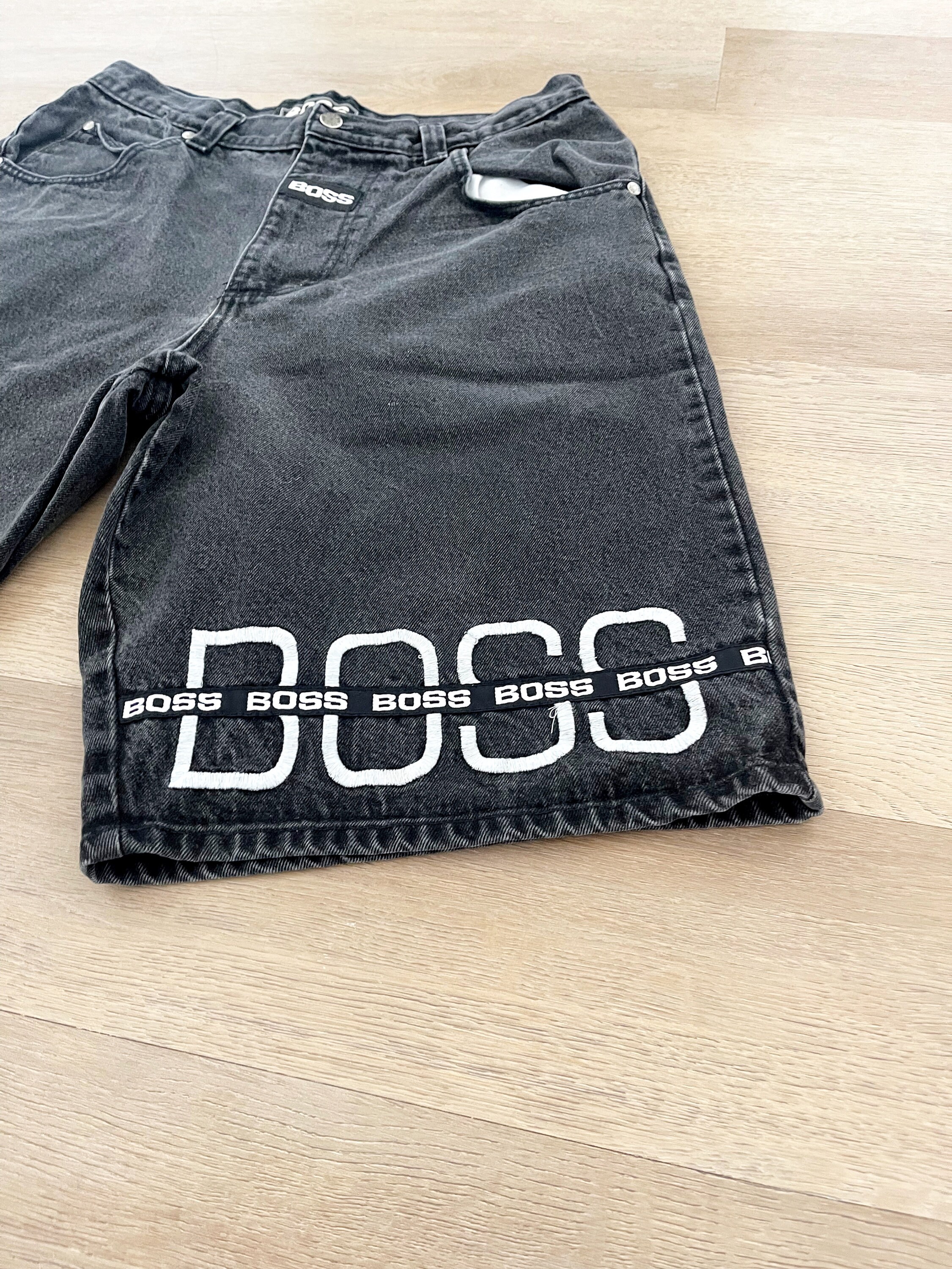 Vintage Boss Embroidered Striped Logo Black Jean Short Size Vintage Boss Embroidered Striped Logo Black Jean Short Size