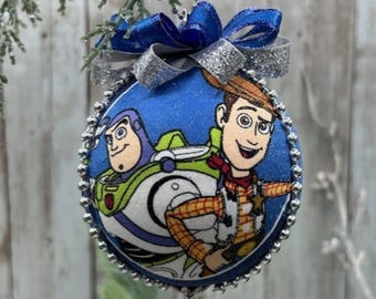 Handmade Kimekomi Ornament custom made & Unique with Blue Toy Story Fabric Buzz Lightyear Woody Gift Keepsake for Christmas Birthday Holiday