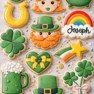May include: A collection of St. Patrick's Day themed cookies. The cookies include a green leprechaun, a pot of gold, a rainbow with the name "Joseph", a horseshoe, a shamrock, a green beer mug, and a green hat.