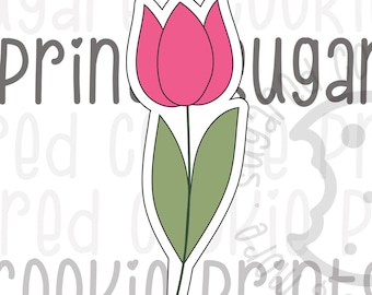 May include: A pink tulip cookie cutter with green leaves and a white outline. The text "Sugared Cookie Prints" is printed in a repeating pattern in the background.