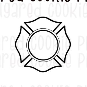 Puede incluir: Cortador de galletas en blanco y negro con forma de cruz de Malta, símbolo de los bomberos. El texto "sugared COOKIE PRINTS" está en la parte superior de la imagen y la palabra "sug" en la parte inferior derecha.