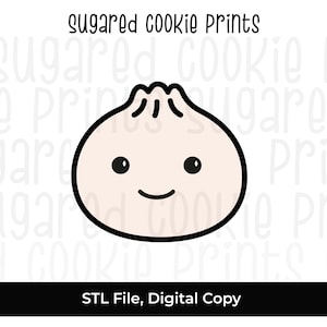 May include: A digital STL file for 3D printing a cookie cutter shaped like a cartoon bao bun with a smiling face. The file is for a digital copy only.