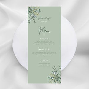 Menú Imprimible - Plantilla Editable - Personalizar Menú Floral de Eucalipto para Boda Baby Shower o Despedida de Soltera