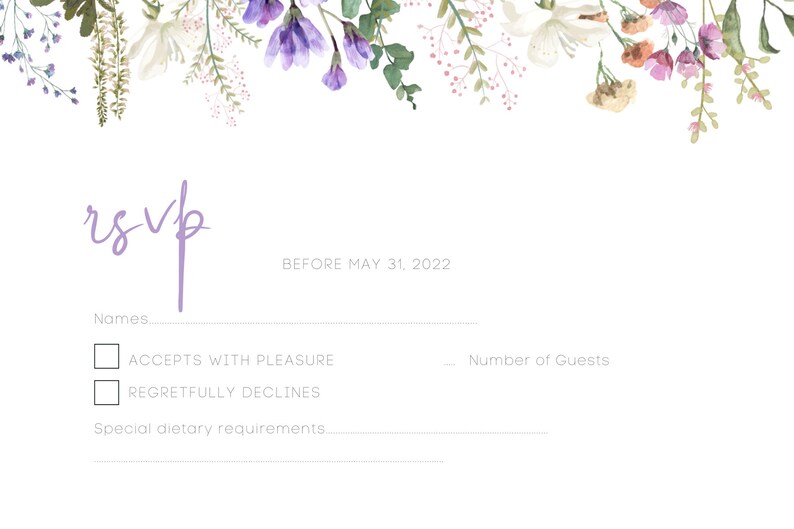 Printable Wedding Invitation Wildflower Wedding Invite, Editable Template Customize Watercolor ...