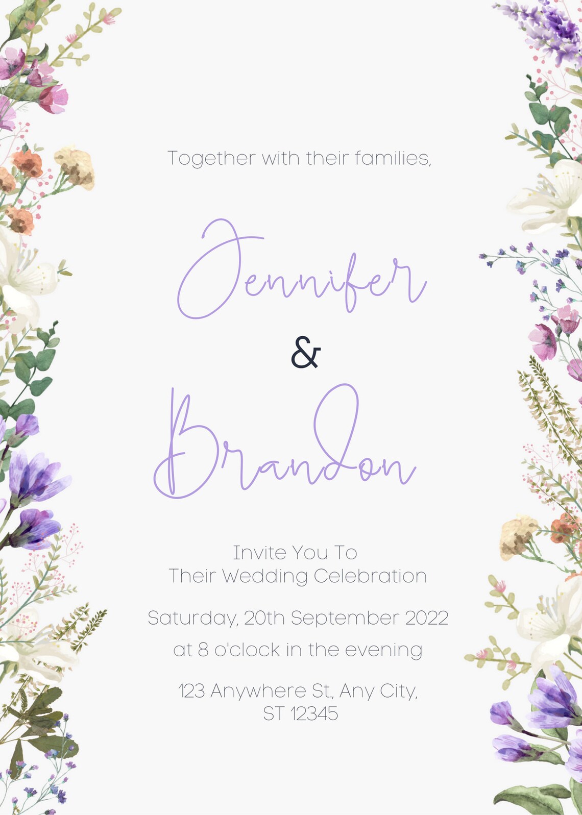 Printable Wedding Invitation Wildflower Wedding Invite, Editable Template Customize Watercolor ...