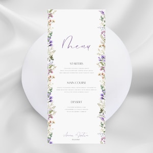 Menú imprimible - Plantilla editable - Menú de bodas de flores silvestres, Menú floral para baby shower o despedida de soltera - Menú de flores de descarga instantánea