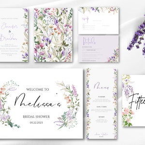 Printable Wedding Set - Wildflower Wedding Bundle , Editable Template - Custom Wedding Invitation, Welcome Sign, Table Numbers,  Menu