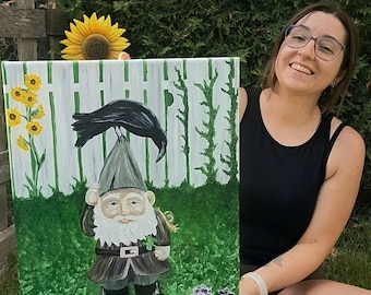 Intrigued (garden gnome) - acrylic painting on canvas