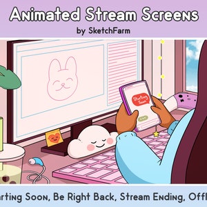 May include: A cartoon illustration of a person sitting in a chair in front of a computer screen. The screen displays a pink bunny with a happy face. The person is holding a smartphone with a message that says "Starting Soon". The image is in a pastel color scheme with pink, blue, and yellow accents.