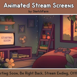 Animated Twitch Overlay - Stream Screen / Night Sunset Retro Gaming Bedroom / Plants / Flower / Starting Soon / BRB / Offline
