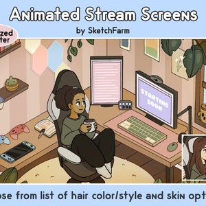 May include: Animated stream screen featuring a cartoon character sitting in a gaming chair in a room with a desk, computer, and other gaming accessories. The text "STARTING SOON" is displayed on the computer screen. The character is holding a cup of coffee. Choose from a list of hair colour/style and skin options.