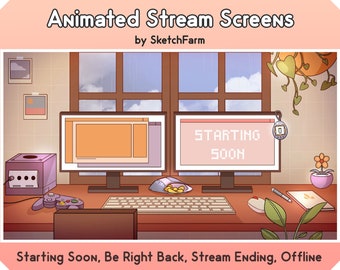 May include: A cartoon illustration of a streaming setup with two computer monitors, one displaying "STARTING SOON" in pixelated text. The monitors are on a desk with a keyboard, mouse, and a purple GameCube console. The background features a window with rain, a potted plant, and a hanging plant with heart-shaped leaves.