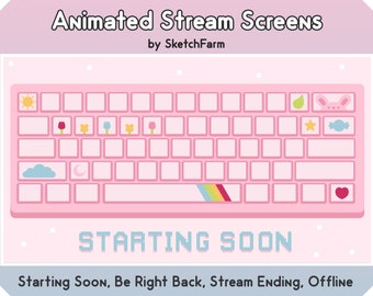May include: A pink keyboard with animated icons, including a sun, flowers, a pear, a bunny, a star, a cloud, a crescent moon, and a heart. The text "STARTING SOON" is displayed in a pixelated font below the keyboard.
