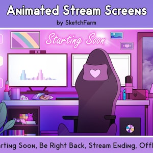 Twitch Overlay - Animated Stream Screen / Egirl Desk Bedroom / Neon / Starting Soon / BRB / Offline / Lofi