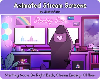 Twitch Overlay - Animated Stream Screen / Egirl Desk Bedroom / Neon / Starting Soon / BRB / Offline / Lofi