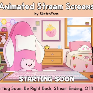 Twitch Overlay - Pantalla de transmisión animada / Linda habitación de escritorio rosa / Kawaii / Comenzando pronto / BRB / Final / Fuera de línea