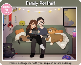 Custom Family and Pet Portrait with Simple Background - Digital File / Cartoon Drawing / Personalized Gift / Couple Photo Illustration