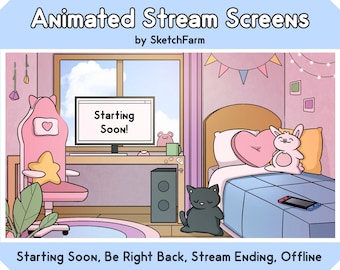 Twitch Overlay - Animated Stream Screen / Cute Pink Bedroom / Kawaii / Starting Soon / BRB / Ending / Offline