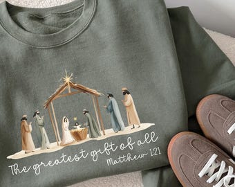 Christian Nativity Sweatshirt | Jesus Birth Scene Sweater | Holy Family Christmas Crewneck | Faith-Based Gift for Her Him