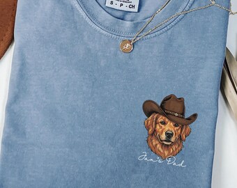 Maglietta Comfort Colors® Retro Golden Retriever Cowboy, personalizzabile con il nome del cane