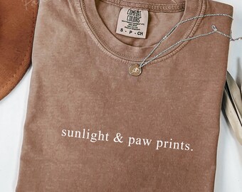 May include: A brown Comfort Colors t-shirt with the text "sunlight & paw prints." A silver necklace with a pendant and a brown hat are also visible. The shirt is a size small.